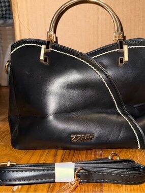 ZZMY Women's Black Satchel Gold Handles Detachable Strap Inner Pockets
